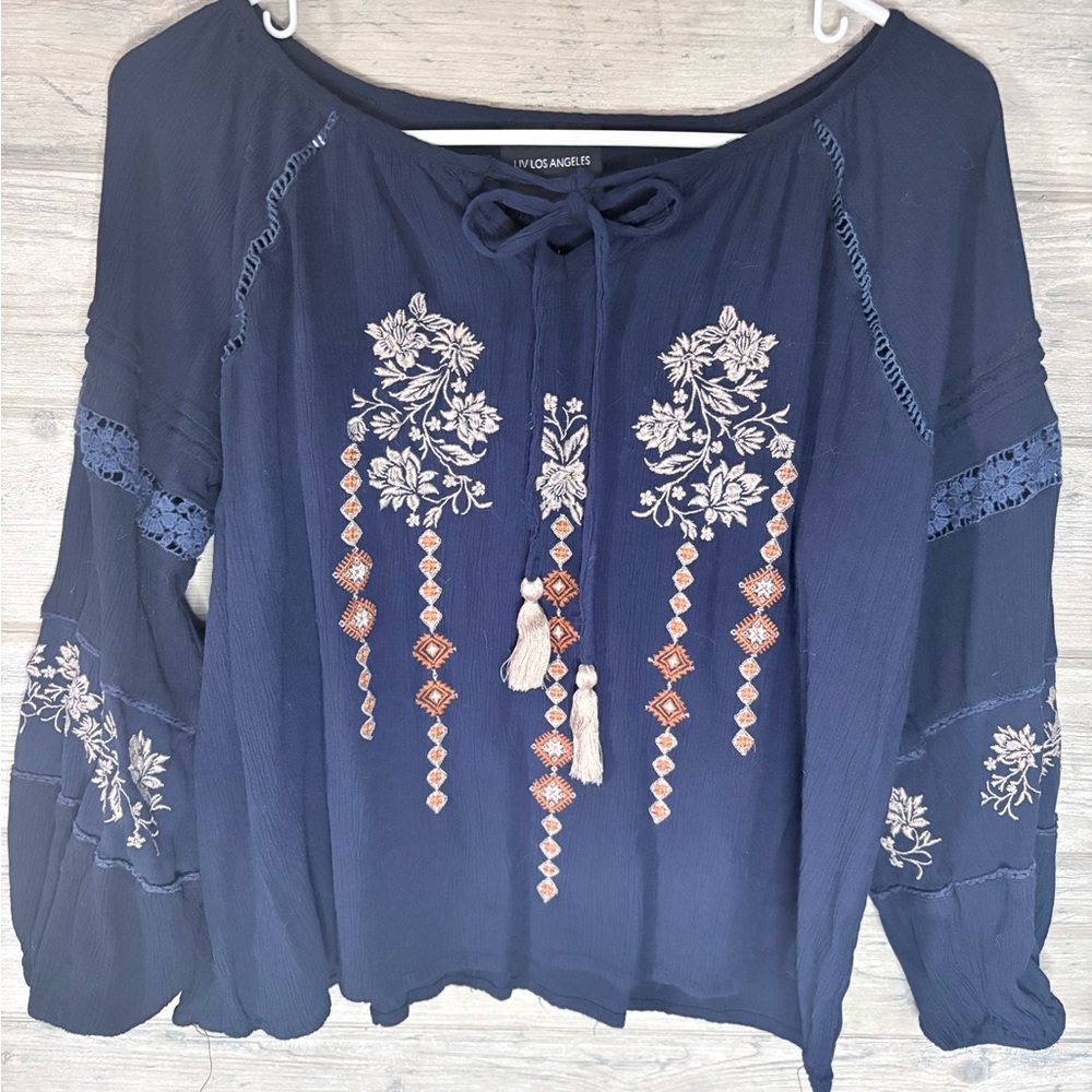 Navy Embroidered Peasant BOHO Blouse - Navy